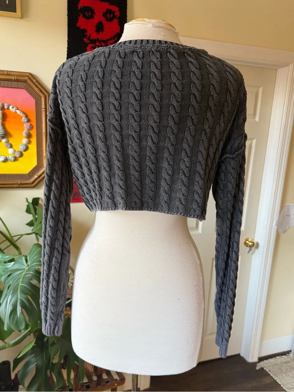 Free People Charcoal Gray Cropped Cable Knit Long Sleeve Cotton Sweater